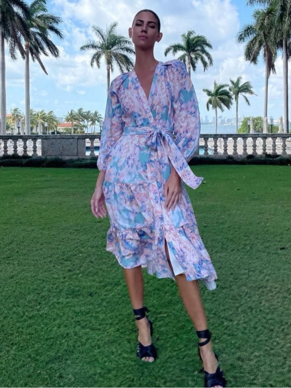 Kobi Halperin Pastel Pink and Blue Floral Wrap Midi Dress